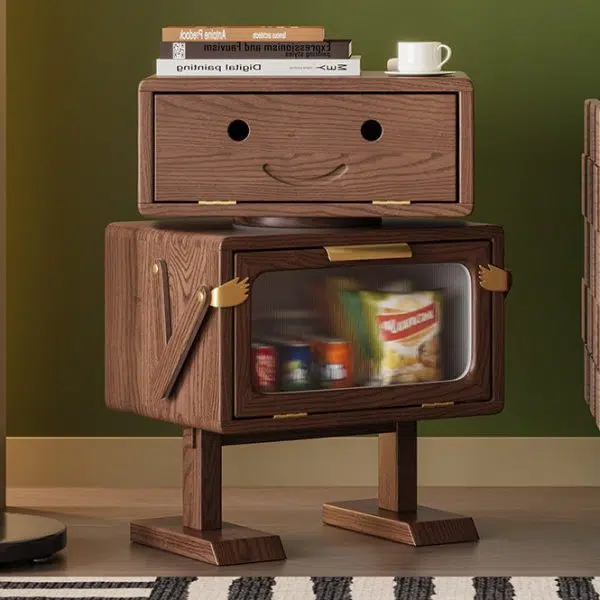 Contemporary Creative Robot Solid Wood Nightstand 2 Storage Cabinets For Bedroom - Image 11