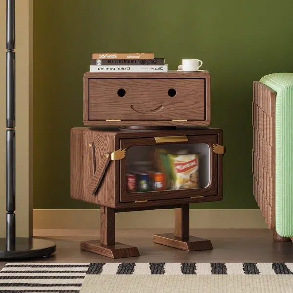 Contemporary Creative Robot Solid Wood Nightstand 2 Storage Cabinets For Bedroom - Image 16