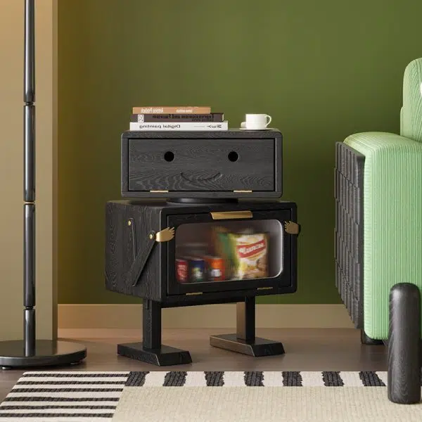 Contemporary Creative Robot Solid Wood Nightstand 2 Storage Cabinets For Bedroom - Image 2