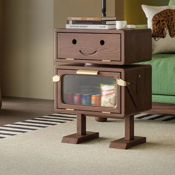Contemporary Creative Robot Solid Wood Nightstand 2 Storage Cabinets For Bedroom - Image 12