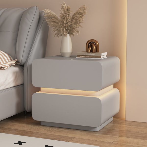 Contemporary Scandinavian Cream Sensor Light Square Wood Nightstand 2-Drawer For Bedroom - Image 9