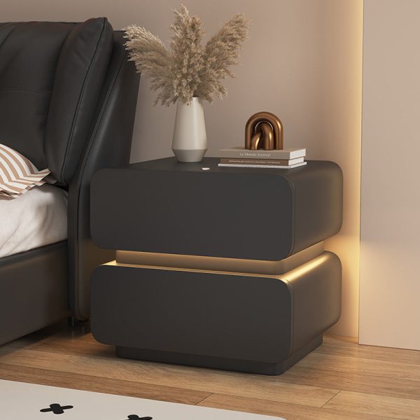 Contemporary Scandinavian Cream Sensor Light Square Wood Nightstand 2-Drawer For Bedroom - Image 3