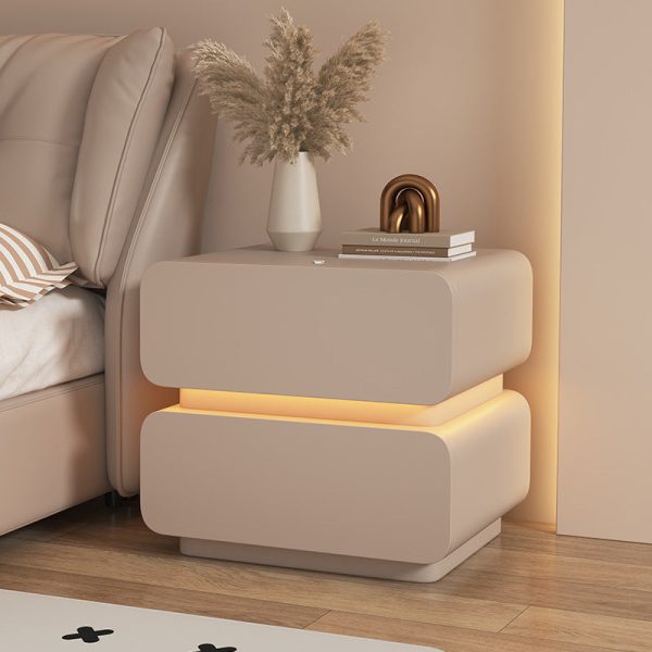 Contemporary Scandinavian Cream Sensor Light Square Wood Nightstand 2-Drawer For Bedroom - Image 11