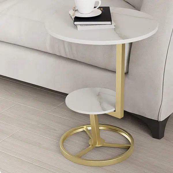 Contemporary Creative Round Iron Rock Slab End Table 2-Tier For Living Room - Image 2