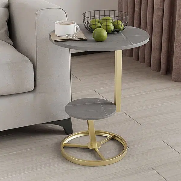 Contemporary Creative Round Iron Rock Slab End Table 2-Tier For Living Room - Image 16