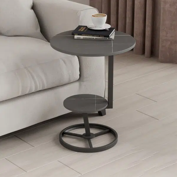 Contemporary Creative Round Iron Rock Slab End Table 2-Tier For Living Room - Image 7