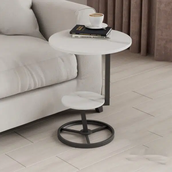 Contemporary Creative Round Iron Rock Slab End Table 2-Tier For Living Room - Image 3