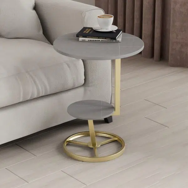 Contemporary Creative Round Iron Rock Slab End Table 2-Tier For Living Room - Image 9