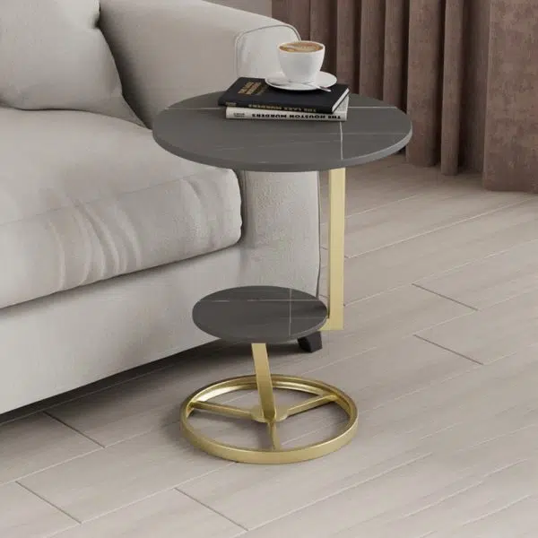 Contemporary Creative Round Iron Rock Slab End Table 2-Tier For Living Room - Image 8