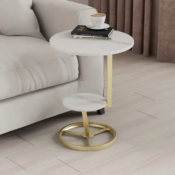 Contemporary Creative Round Iron Rock Slab End Table 2-Tier For Living Room - Image 12
