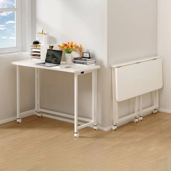 Modern Minimalist Moveable Foldable Rectangular Wood Panel Desk For Home Office - Image 24