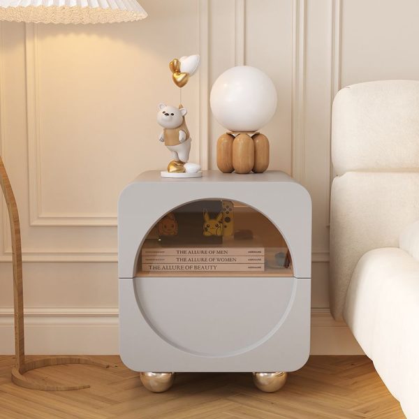 Contemporary Scandinavian Cream Cute Square Density Plate Glass Wood Stainless Steel Nightstand 2-Drawer For Bedroom - Image 11