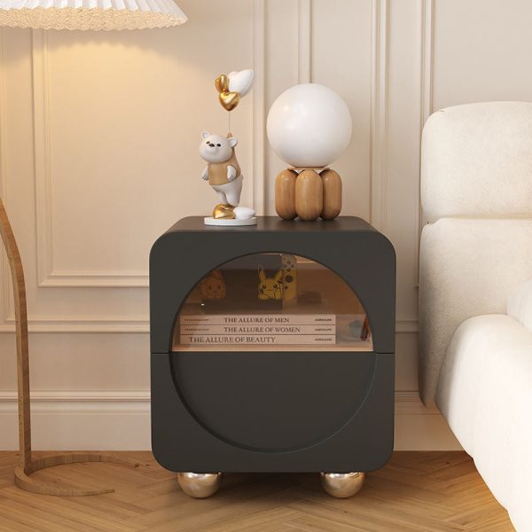 Contemporary Scandinavian Cream Cute Square Density Plate Glass Wood Stainless Steel Nightstand 2-Drawer For Bedroom - Image 12