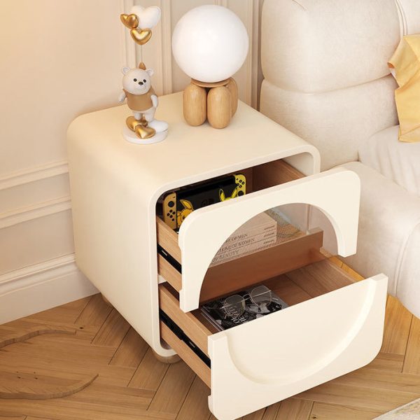 Contemporary Scandinavian Cream Cute Square Density Plate Glass Wood Stainless Steel Nightstand 2-Drawer For Bedroom - Image 8