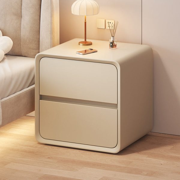 Contemporary Nordic Cream Square Rectangle Wood Veneer Nightstand 2-Drawer For Bedroom - Image 2