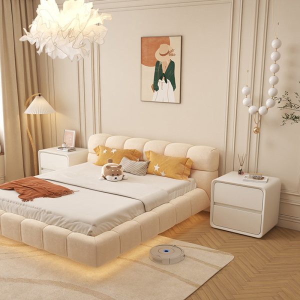 Contemporary Nordic Cream Square Rectangle Wood Veneer Nightstand 2-Drawer For Bedroom - Image 21