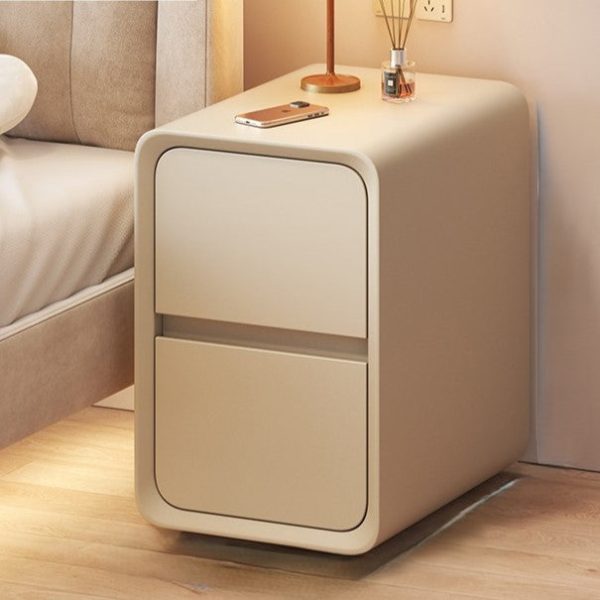 Contemporary Nordic Cream Square Rectangle Wood Veneer Nightstand 2-Drawer For Bedroom - Image 22