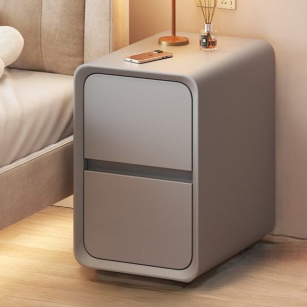 Contemporary Nordic Cream Square Rectangle Wood Veneer Nightstand 2-Drawer For Bedroom - Image 17