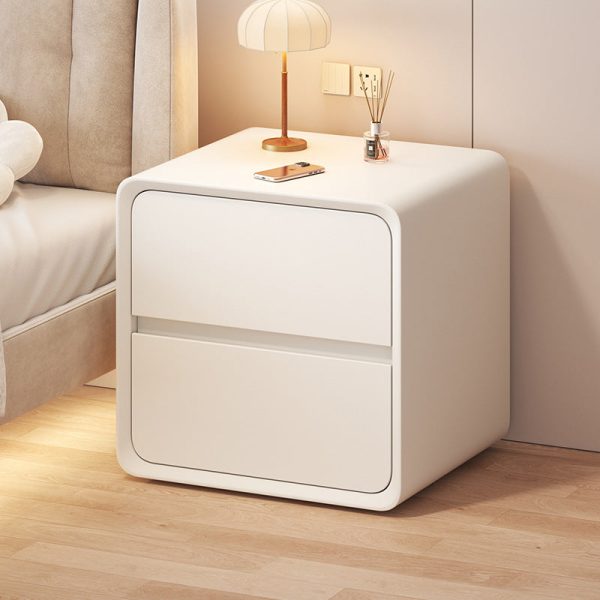 Contemporary Nordic Cream Square Rectangle Wood Veneer Nightstand 2-Drawer For Bedroom - Image 3