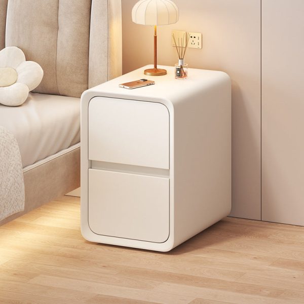 Contemporary Nordic Cream Square Rectangle Wood Veneer Nightstand 2-Drawer For Bedroom - Image 15
