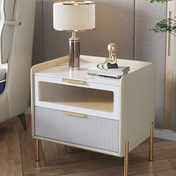 Contemporary Nordic Square Wood Rock Slab Veneer Glass Hardware Stainless Steel Nightstand 2-Drawer For Bedroom - Image 8