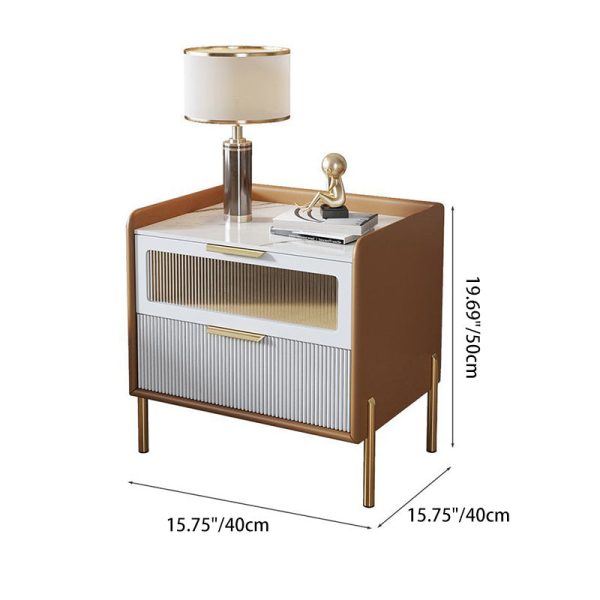 Contemporary Nordic Square Wood Rock Slab Veneer Glass Hardware Stainless Steel Nightstand 2-Drawer For Bedroom - Image 4