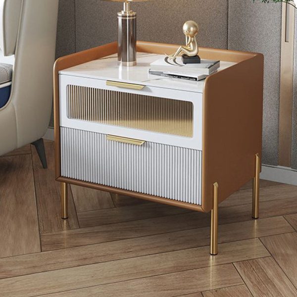 Contemporary Nordic Square Wood Rock Slab Veneer Glass Hardware Stainless Steel Nightstand 2-Drawer For Bedroom - Image 2