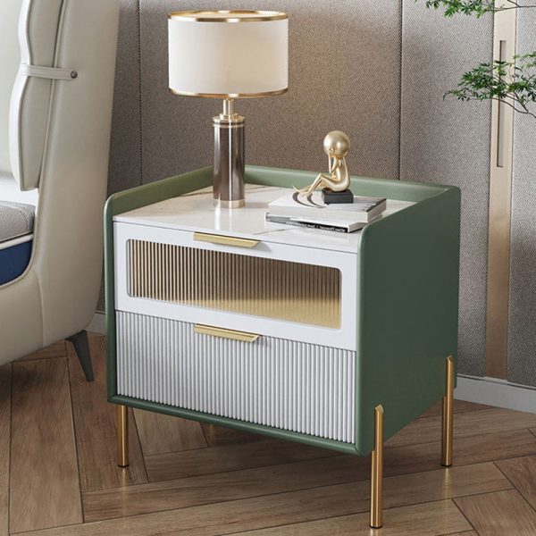 Contemporary Nordic Square Wood Rock Slab Veneer Glass Hardware Stainless Steel Nightstand 2-Drawer For Bedroom - Image 13