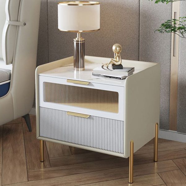 Contemporary Nordic Square Wood Rock Slab Veneer Glass Hardware Stainless Steel Nightstand 2-Drawer For Bedroom - Image 12