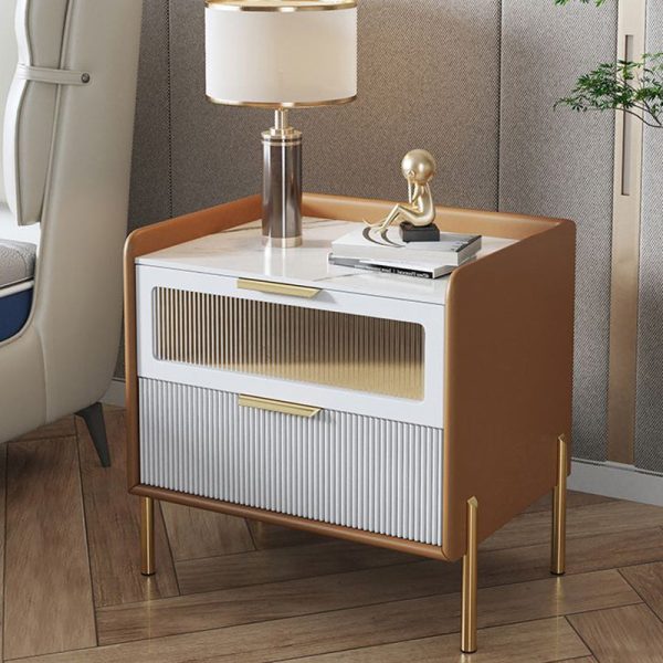Contemporary Nordic Square Wood Rock Slab Veneer Glass Hardware Stainless Steel Nightstand 2-Drawer For Bedroom - Image 11