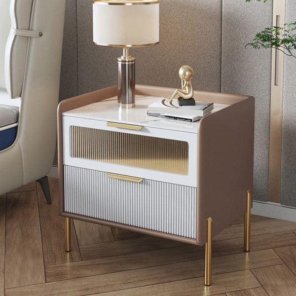 Contemporary Nordic Square Wood Rock Slab Veneer Glass Hardware Stainless Steel Nightstand 2-Drawer For Bedroom - Image 15