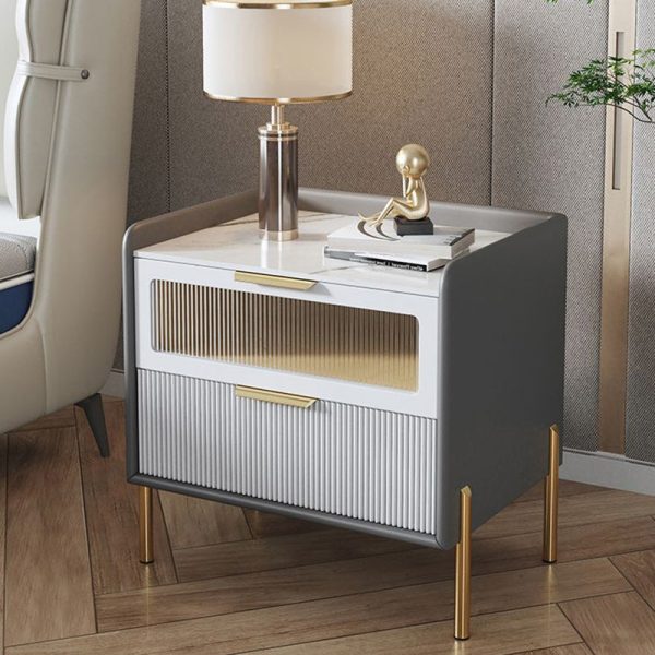 Contemporary Nordic Square Wood Rock Slab Veneer Glass Hardware Stainless Steel Nightstand 2-Drawer For Bedroom - Image 14