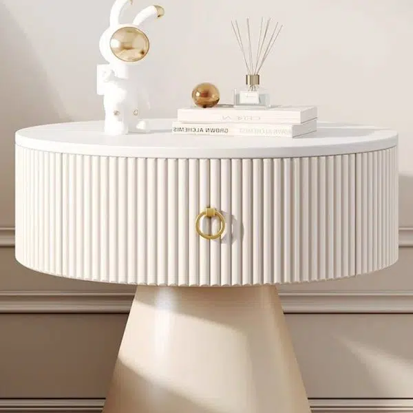 Contemporary Scandinavian Round Cylinder Cone PP Rock Slab Nightstand 1-Drawer For Bedroom - Image 6