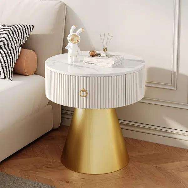 Contemporary Scandinavian Round Cylinder Cone PP Rock Slab Nightstand 1-Drawer For Bedroom - Image 16