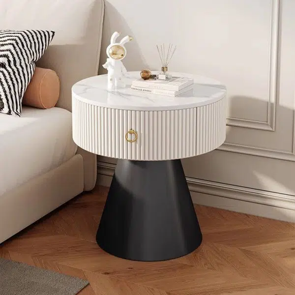 Contemporary Scandinavian Round Cylinder Cone PP Rock Slab Nightstand 1-Drawer For Bedroom - Image 21