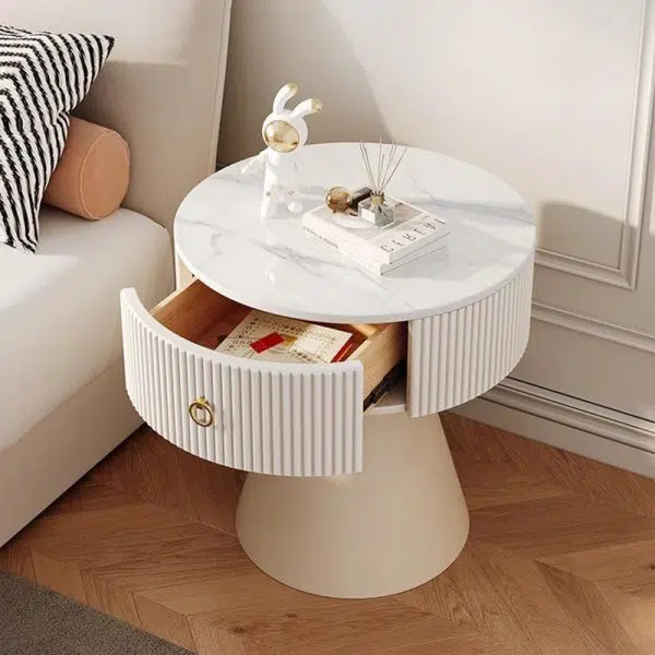 Contemporary Scandinavian Round Cylinder Cone PP Rock Slab Nightstand 1-Drawer For Bedroom - Image 7