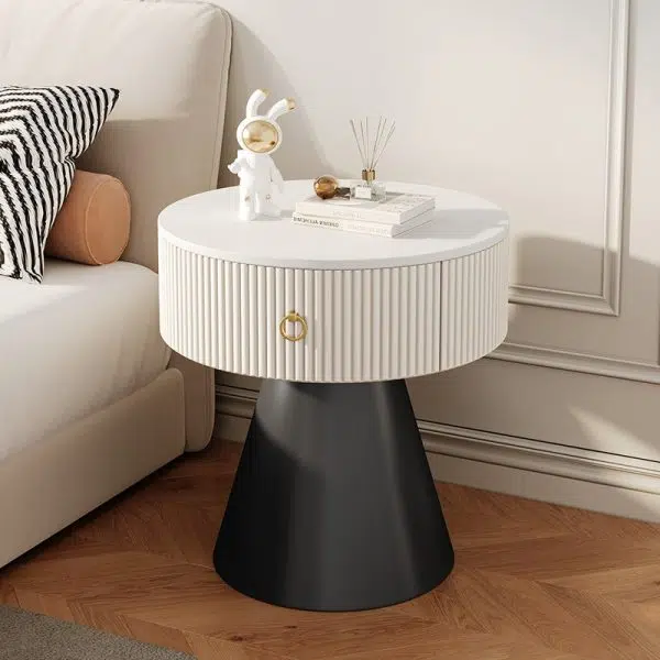 Contemporary Scandinavian Round Cylinder Cone PP Rock Slab Nightstand 1-Drawer For Bedroom - Image 14