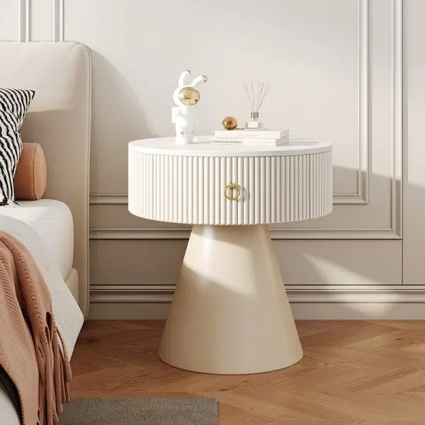 Contemporary Scandinavian Round Cylinder Cone PP Rock Slab Nightstand 1-Drawer For Bedroom - Image 17