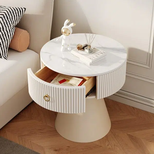 Contemporary Scandinavian Round Cylinder Cone PP Rock Slab Nightstand 1-Drawer For Bedroom - Image 9