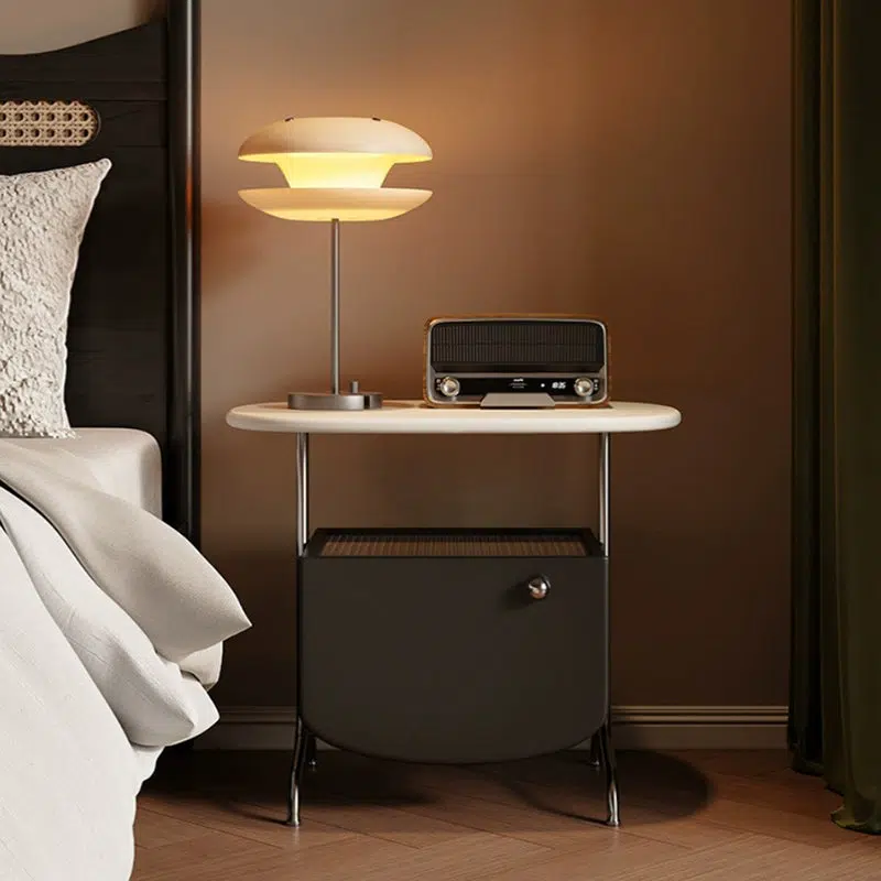 DFM-Table-FM00944-7.jpg Contemporary Nordic Rectangular Stainless Steel Glass Panel Nightstand 1-Drawer For Bedroom - Image 1