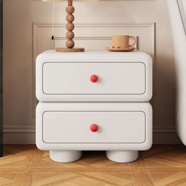 Contemporary Scandinavian Kids Square Rectangle Wood Microfiber Leather Nightstand 2-Drawer For Bedroom