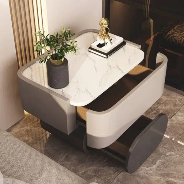 Contemporary Nordic Rectangular Oval Wood Rock Slab Microfiber Leather Nightstand 2-Drawer For Bedroom - Image 7