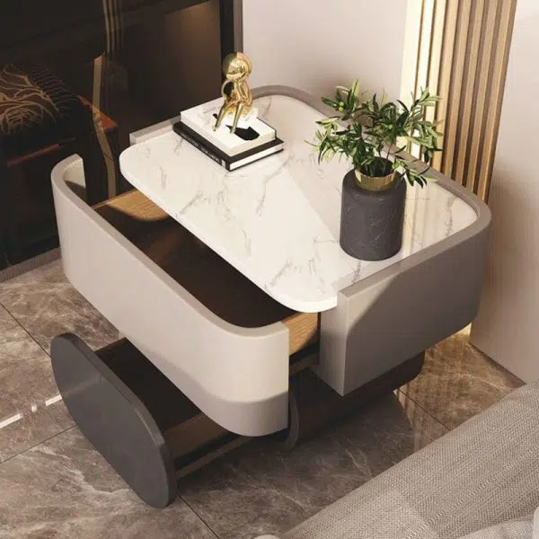 Contemporary Nordic Rectangular Oval Wood Rock Slab Microfiber Leather Nightstand 2-Drawer For Bedroom - Image 6