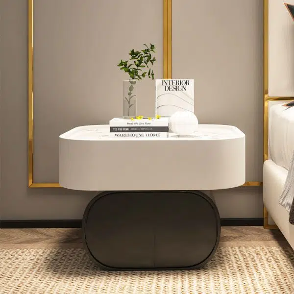 Contemporary Nordic Rectangular Oval Wood Rock Slab Microfiber Leather Nightstand 2-Drawer For Bedroom - Image 10