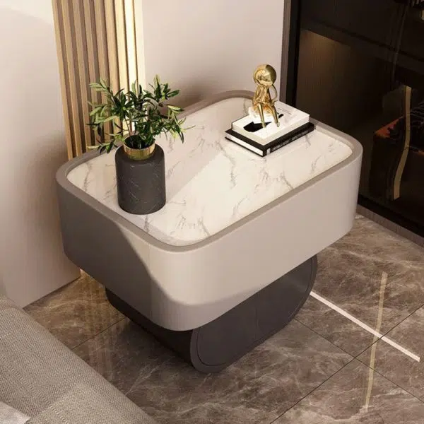 Contemporary Nordic Rectangular Oval Wood Rock Slab Microfiber Leather Nightstand 2-Drawer For Bedroom - Image 3