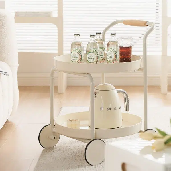 Contemporary Nordic ABS Round Top Iron Frame End Table Rolling Cart 2-Tier For Living Room - Image 2