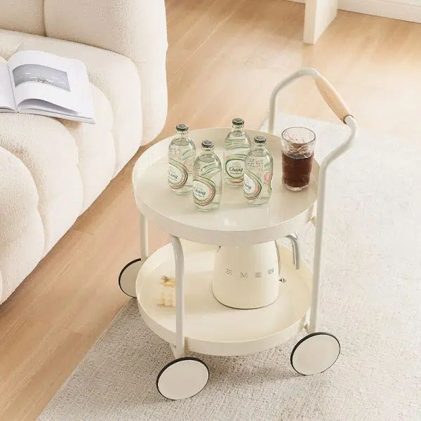 Contemporary Nordic ABS Round Top Iron Frame End Table Rolling Cart 2-Tier For Living Room - Image 8