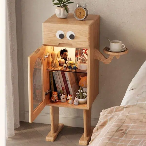 Contemporary Creative Robot Square Rubberwood Glass Metal Nightstand 1-Cabinet For Bedroom - Image 15