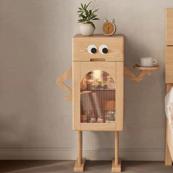 Contemporary Creative Robot Square Rubberwood Glass Metal Nightstand 1-Cabinet For Bedroom - Image 17