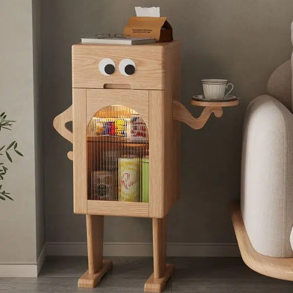 Contemporary Creative Robot Square Rubberwood Glass Metal Nightstand 1-Cabinet For Bedroom - Image 11